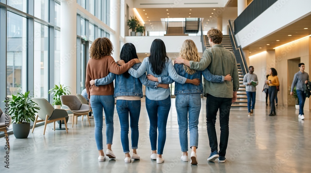 Obraz premium Friends enjoying each other's company in a contemporary lobby area