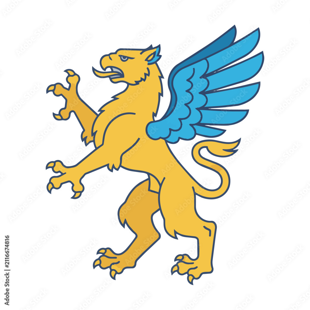 Fototapeta premium Heraldic griffin rampant in profile with clean monoline outlines and bold golden and azure blue color blocks on a white background, heraldry design concept