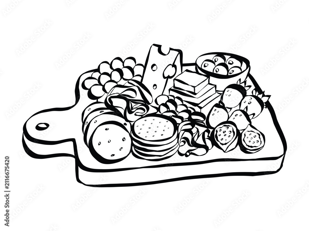 Obraz premium Elegant cheese and charcuterie platter doodle featuring Italian meats, fresh fruit and crackers for wine. Ideal for culinary designs, deli promotions, or gourmet food concepts.