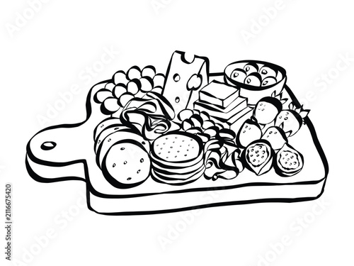 Elegant cheese and charcuterie platter doodle featuring Italian meats, fresh fruit and crackers for wine. Ideal for culinary designs, deli promotions, or gourmet food concepts.