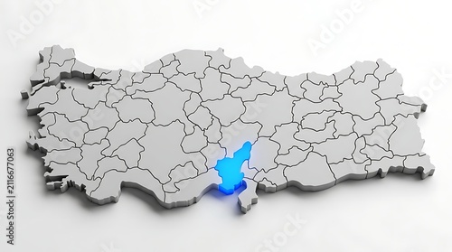 Three dimensional map of turkey highlighting a specific province with a bright blue glow effect with administrative province highlighted turkey white background