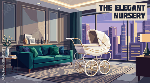Foto Elegant classic white baby stroller placed beside a stylish sofa in luxurious living room, soft natural lighting, sophisticated interior decoration, realistic vector illustration, premium background