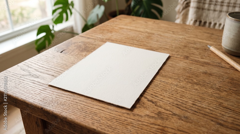 Fototapeta premium Blank paper on rustic wooden desk with plant and mug