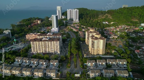 Penang city with residential buildings and street. Unique aerial view drone