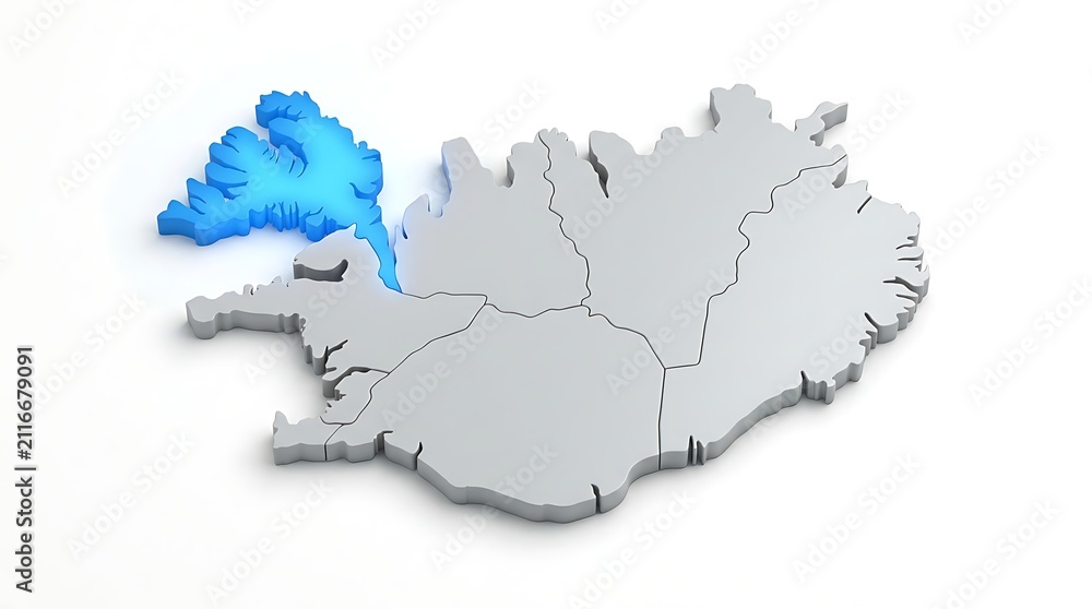 Obraz premium Three dimensional map illustrating highlighted northwest region against neutral gray background for geographical data analysis purposes with specific northwestern region