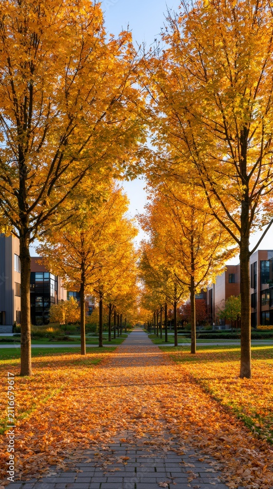 Obraz premium Pathway through a university campus lined with trees and covered in autumn leaves in bright morning light Generative AI