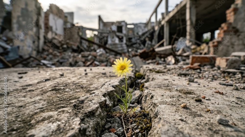 Obraz premium A lone yellow flower blooms amidst the ruins of a destroyed city symbolizing hope and resilience.