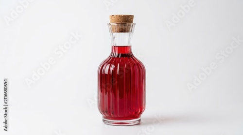 A Clear Glass Bottle Filled With Vibrant Red Liquid and Cork Stopper.