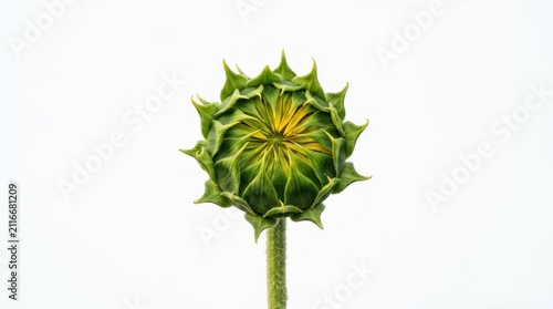Close up of a green sunflower bud about to bloom.