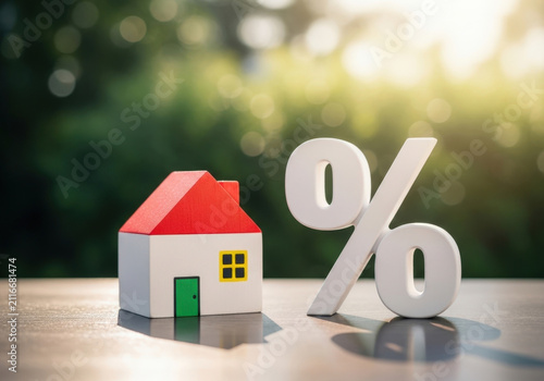 Miniature wooden house model placed beside large white percentage sign symbol representing mortgage loan interest rates real estate financial.