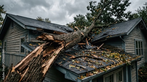 Fallen Tree Crushes Roof of Residential House After Storm Damage.