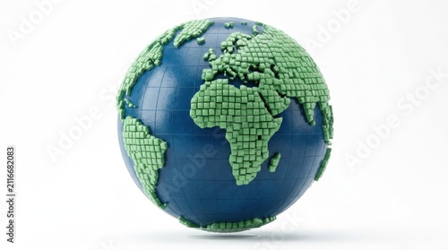 Globe made of green cubes representing earth continents and oceans.