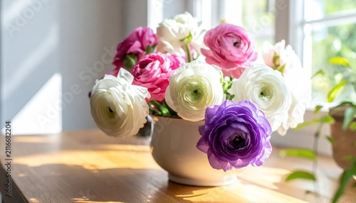 A beautiful bouquet of colorful ranunculus flowers in a ceramic vase.