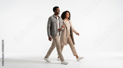 A stylish Black couple walks hand in hand, confidently striding forward in neutral-toned outfits. Their expressions are serene as they move together, showcasing a modern and sophisticated lifestyle