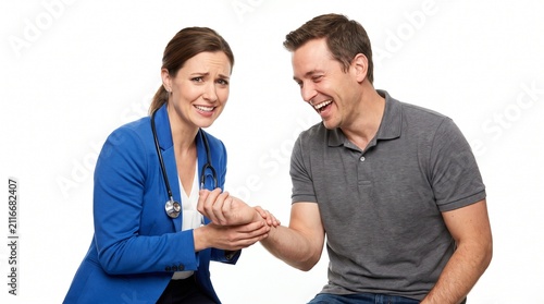A doctor gently examining a patient's wrist while both share a laugh, conveying a positive and lighthearted medical interaction