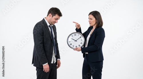 A woman in a suit scolds a man in a suit for being late, holding a clock