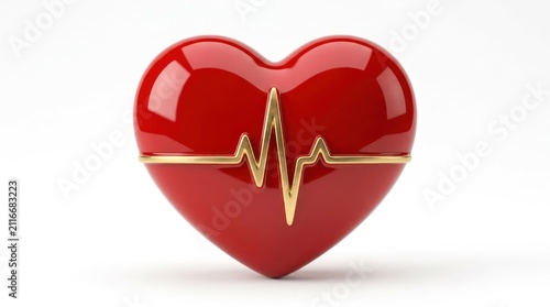 Red Heart with Golden Electrocardiogram Line Symbolizing Health.