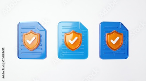 Three Blue Documents with Orange Shield and Checkmark Icons.