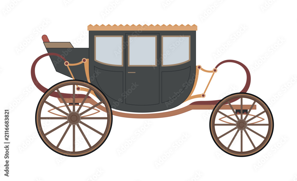 Fototapeta premium Illustration of an antique horse-drawn brougham or landau, on a white background, for use in designs and projects dedicated to wedding paraphernalia, historical transport or childrens illustrations