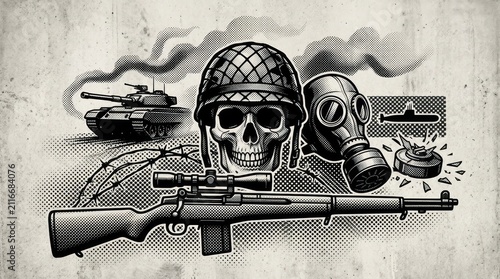 Warfare and Conflict Symbols Skull Gas Mask Tank and Rifle.