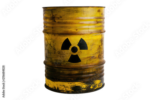 Old yellow radioactive waste barrel. Rusty chemical drum with radiation hazard symbol.