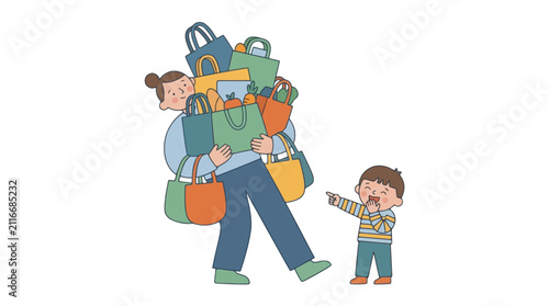A mother is carrying a lot of shopping bags while her child points and laughs