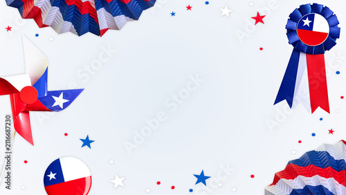 Obraz na plátně Chilean flag colors decorating a festive frame with pinwheel, rosette, and confe