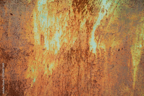 Quadro su tela Ultra high resolution macro background texture of an old weathered turquoise and green metallic wall with heavy vertical rust streaks, deep corrosion layers, and flaking paint pattern