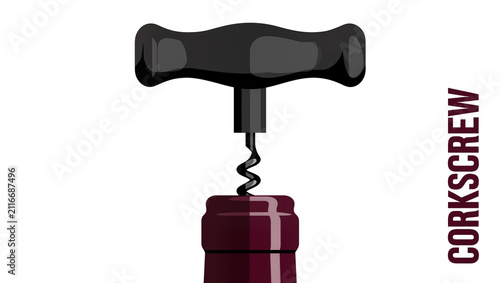 Fotografie Isolated corkscrew opening a wine bottle with a dark red foil cap, ready to unco