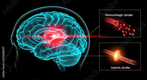 Human brain with glowing red area indicating stroke condition hemorrhagic and ischemic types of stroke illustrated medical condition diagram science concept.