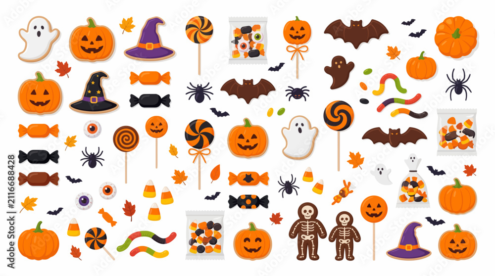 Fototapeta premium Halloween Collection of Spooky Treats and Decorations Featuring Pumpkins Ghosts Bats and Candies
