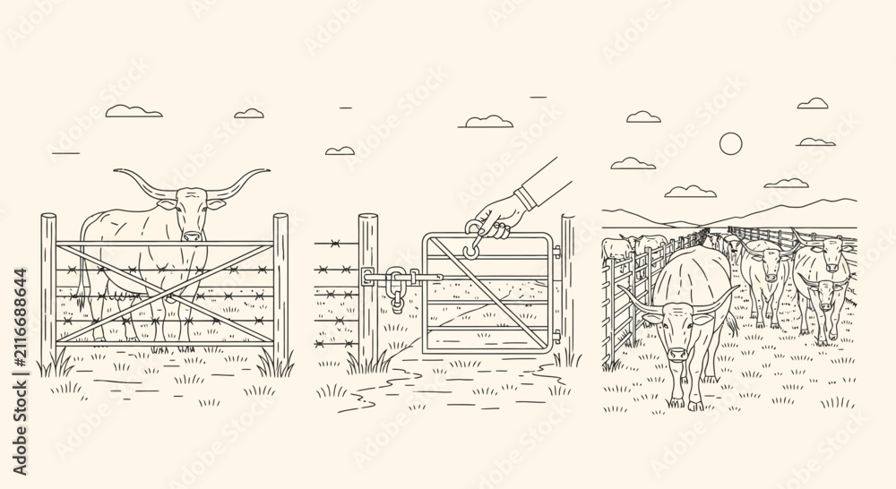 Fototapeta premium Cattle Ranching Sequence Line Art Showing Farm Gate Opening to Pasture