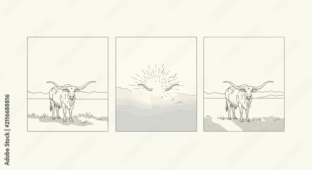 Obraz premium Sketch of longhorn cattle in misty morning field triptych