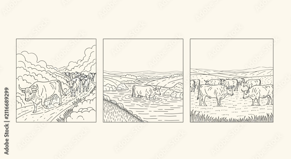 Obraz premium Vintage Line Art Illustrations of Cattle Herd and Farm Animals