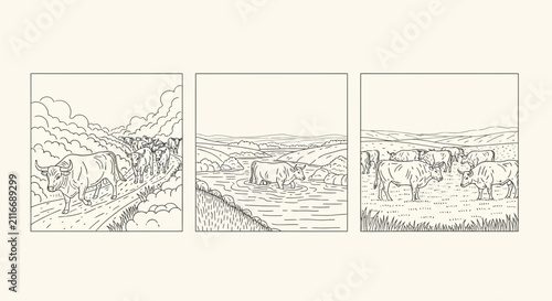 Vintage Line Art Illustrations of Cattle Herd and Farm Animals