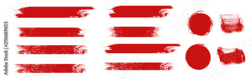 Straight red ink vector lines pack. Bloody color long and round hand-drawn brushstroke text highlights, frames, circles. Asian calligraphy brushstroke set. Rough grunge abstract blood color scribbles