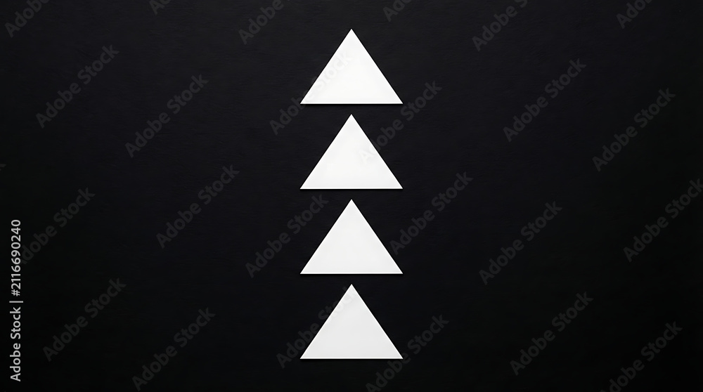 Fototapeta premium Triangles stacked in a vertical line create a rhythmic pattern against a black surface.