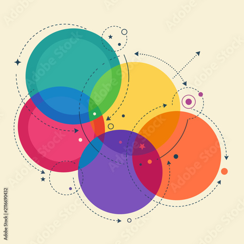Abstract composition with colorful overlapping circles and dotted lines