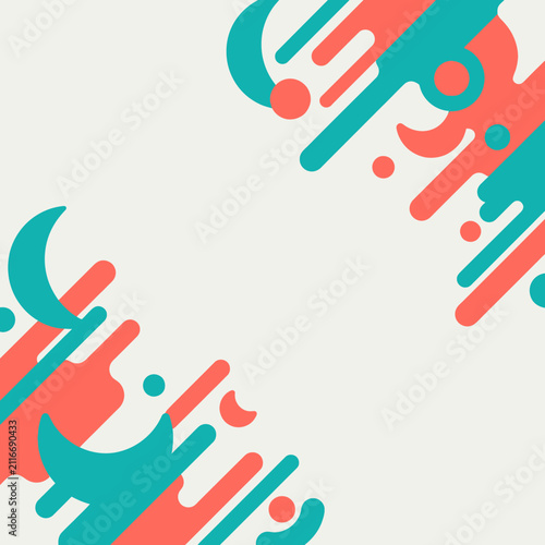 Abstract composition with teal crescent moons and red rounded stripes
