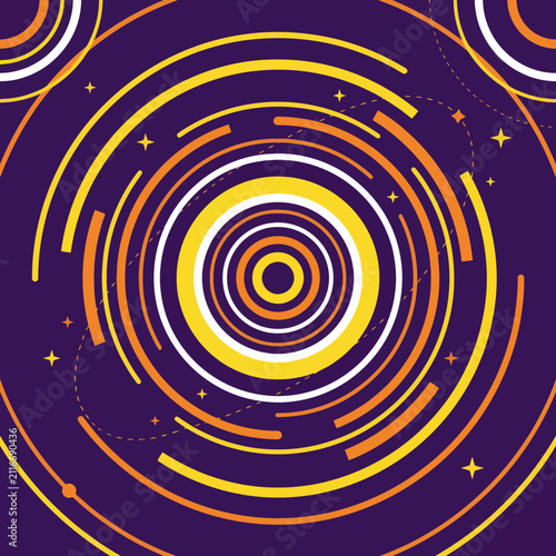 Abstract concentric circles and star shapes on a dark purple background