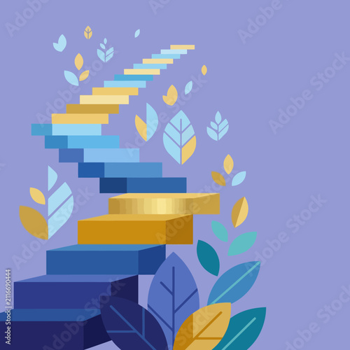 Abstract conceptual stairs climbing upwards with leaves in flat style