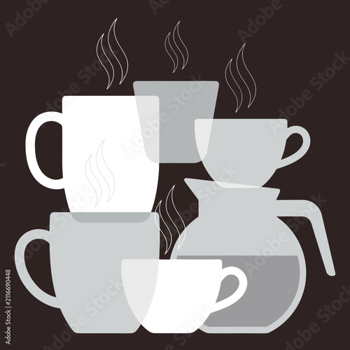 Abstract flat pattern of overlapping hot coffee mugs on dark background