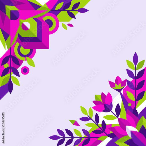 Abstract floral corner frame with geometric purple and lime green leaves