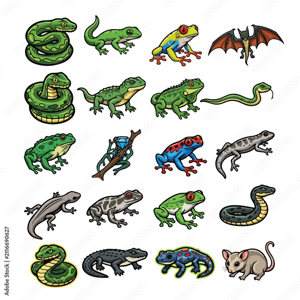 Fototapeta premium Set of Various Reptiles Amphibians and Small Animals Illustrations.