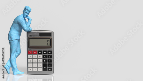 Thoughtful Businessman Planning Finances Beside Giant Calculator 3d render.