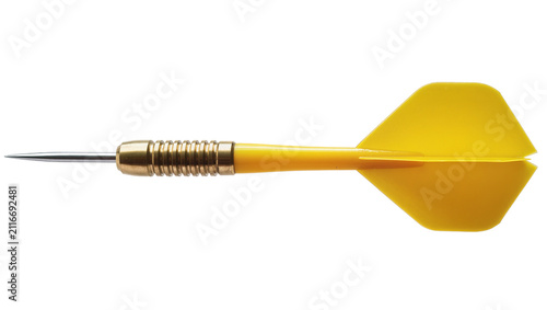 Isolated yellow dart, professional game equipment with a sharp point, golden barrel, and flights