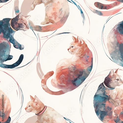 Artistic Watercolor Pattern of Cats in Circular Motion with Pastel and Pinkish Hues for Modern Artistic Interior Design
