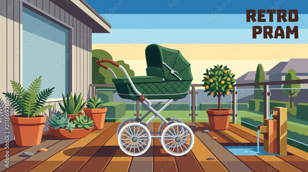 Fototapeta premium Elegant retro green baby stroller placed on luxury wooden terrace surrounded by decorative plants, bright daylight, peaceful residential atmosphere, realistic vector illustration, premium background.