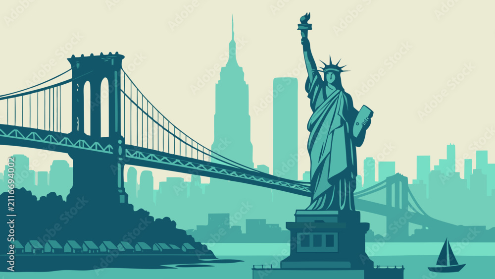 Obraz premium Iconic new york city landmarks and skyline in stylized flat design