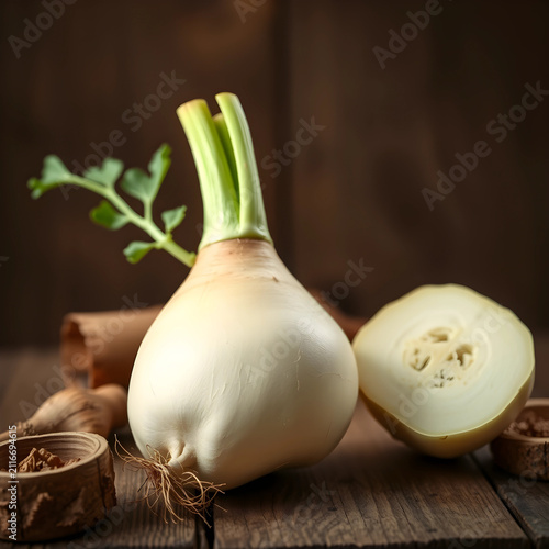 Fresh maca root with green ...